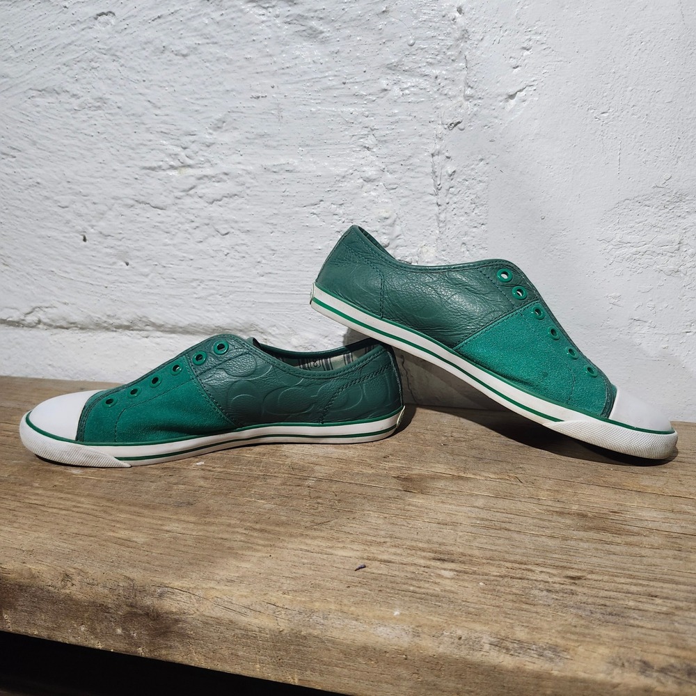 Coach 90s Mika Green Leather Suede Embossed Logo Low Top Sneaker Women 9 Cap Toe - Picture 5 of 16